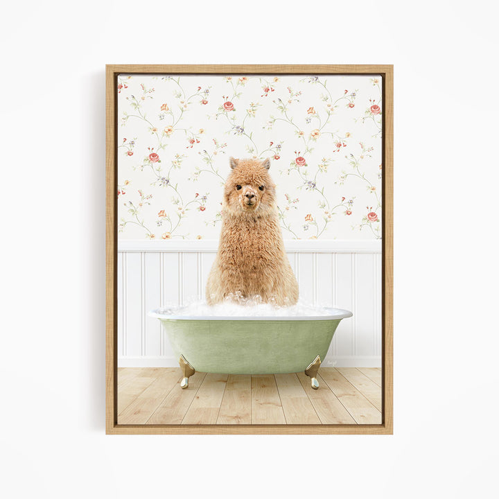 A fluffy brown dog sitting in a green bathtub filled with water, with a floral wallpaper in the background.