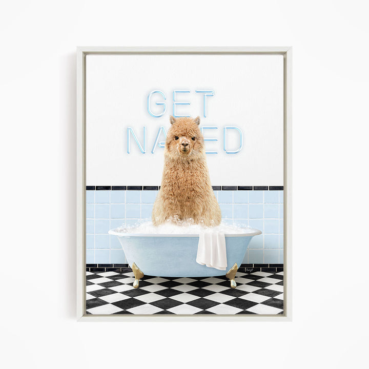 A fluffy brown dog sitting in a blue bathtub filled with bubbles, with a sign that says "GET NAKED" in the background.