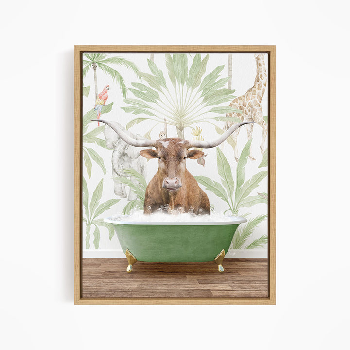 A brown cow with large horns is sitting in a green bathtub, surrounded by tropical foliage and animals such as a giraffe and a parrot.
