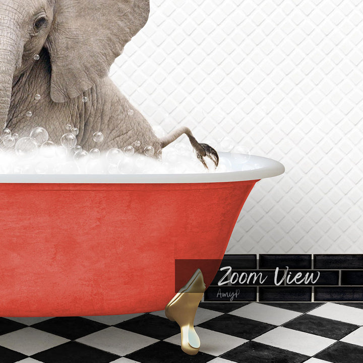 A large elephant is sitting in a red bathtub filled with bubbles, with its foot in the water.