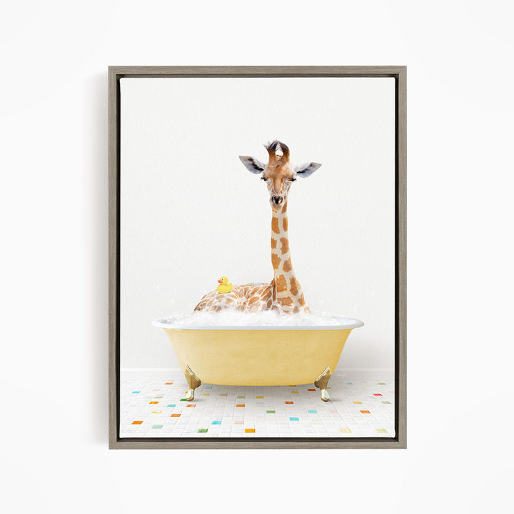 A giraffe is sitting in a yellow bathtub filled with bubbles, surrounded by a colorful tiled floor.