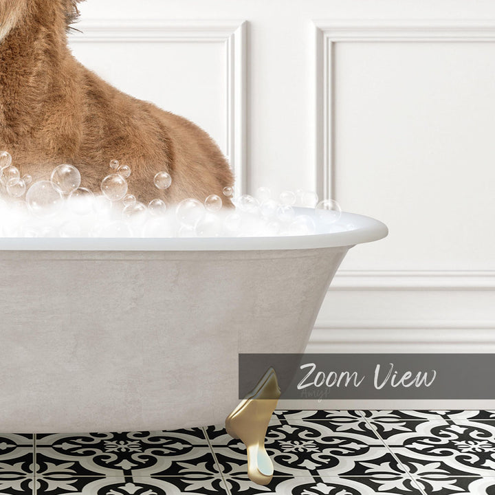 A brown dog is standing in a white bathtub filled with bubbles, with a black and white patterned floor in the foreground.