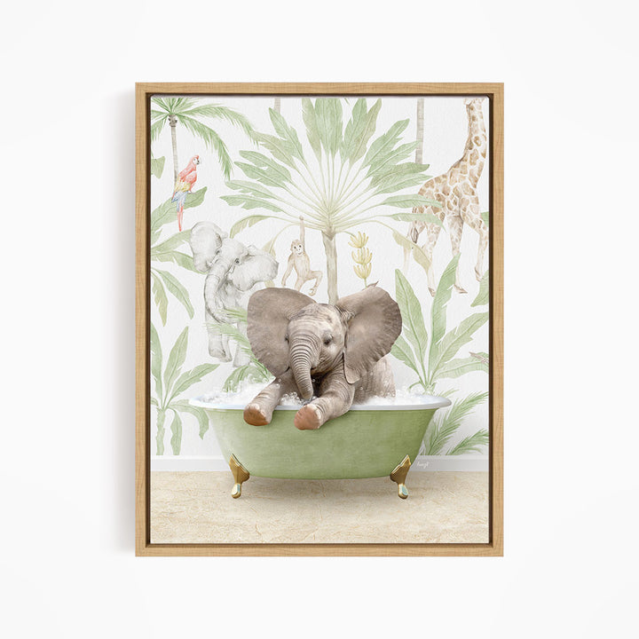 A baby elephant sitting in a green bathtub, surrounded by tropical foliage and other animals, such as a giraffe and a parrot.