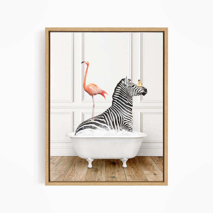A zebra is sitting in a white bathtub, with a pink flamingo standing on its back and a bird perched on its head.