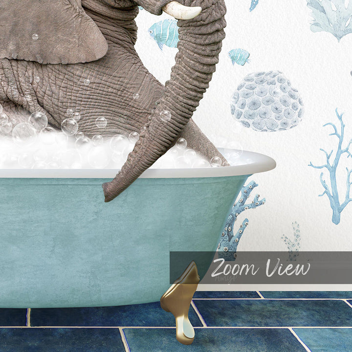 A large elephant is sitting in a blue bathtub filled with bubbles, surrounded by a coral-like decoration and a blue and white underwater scene.