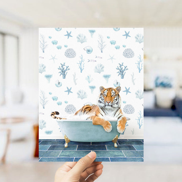 A tiger is sitting in a bathtub filled with water, surrounded by various marine life and plants, creating a whimsical and playful scene.