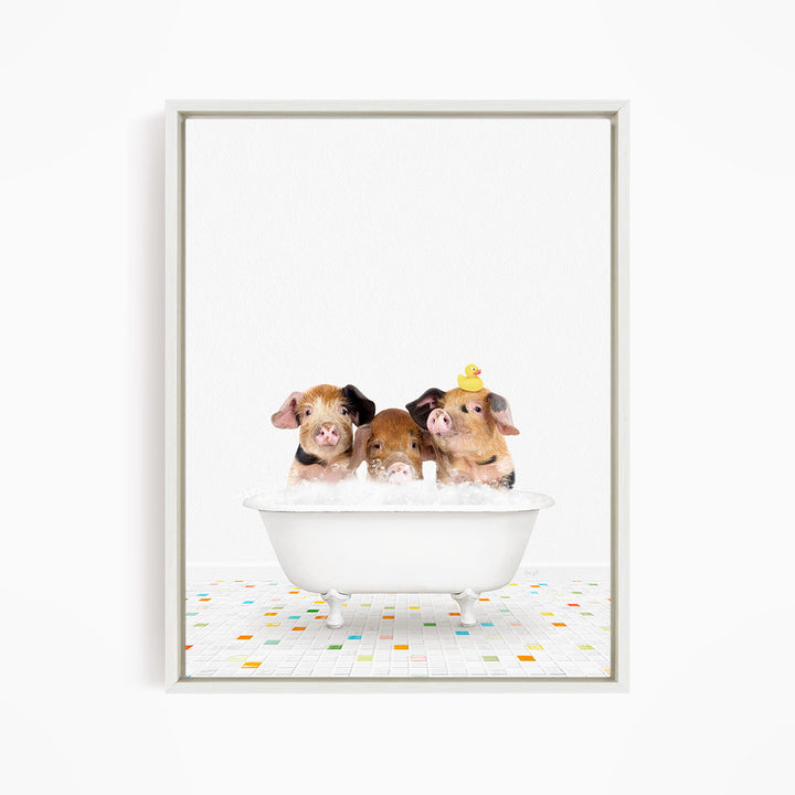 Three adorable pigs sitting in a white bathtub, each with a yellow rubber duck on their heads, creating a playful and whimsical scene.