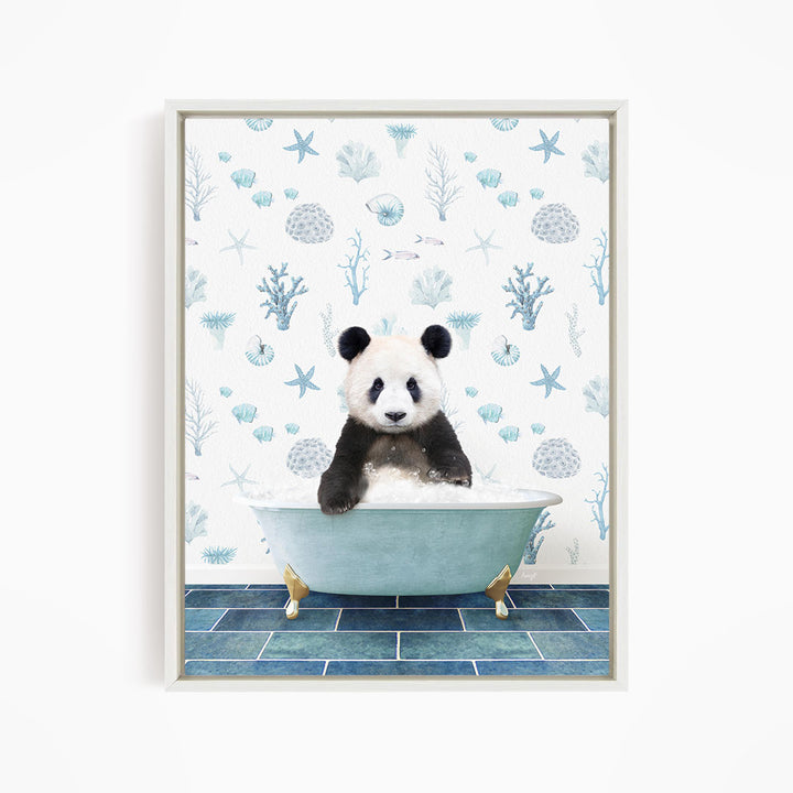 A panda bear sitting in a bathtub filled with bubbles, surrounded by a blue and white ocean-themed wallpaper.
