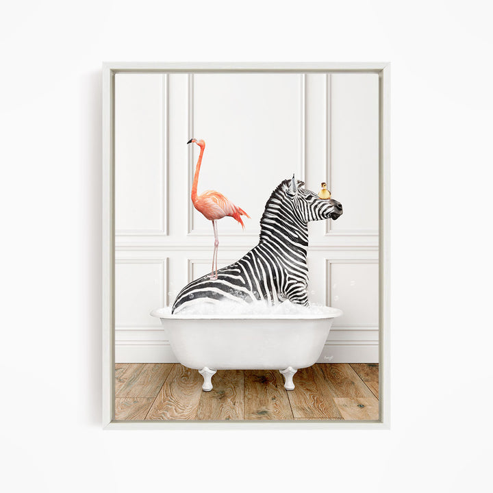 A zebra is sitting in a white bathtub, with a pink flamingo standing on its back and a yellow bird perched on its head.