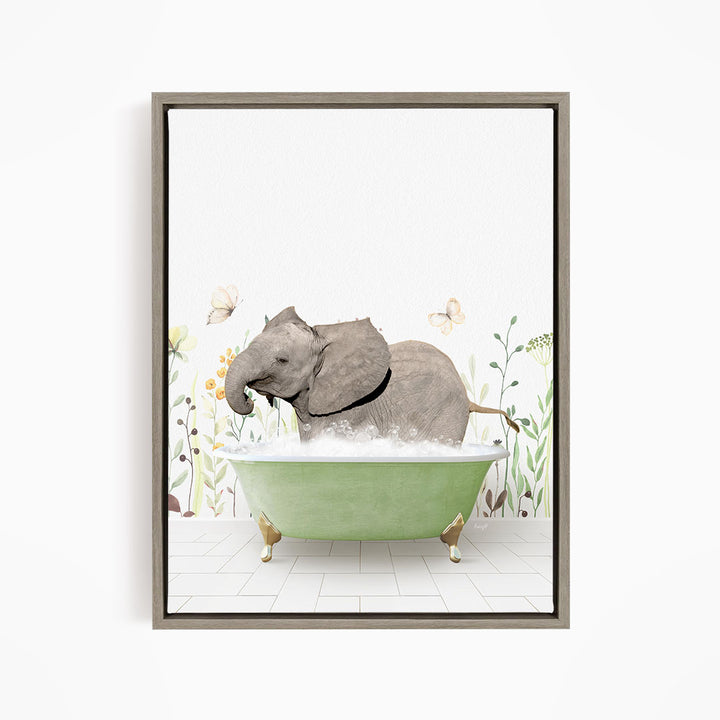 A gray elephant is standing in a green bathtub filled with water, surrounded by flowers and butterflies.