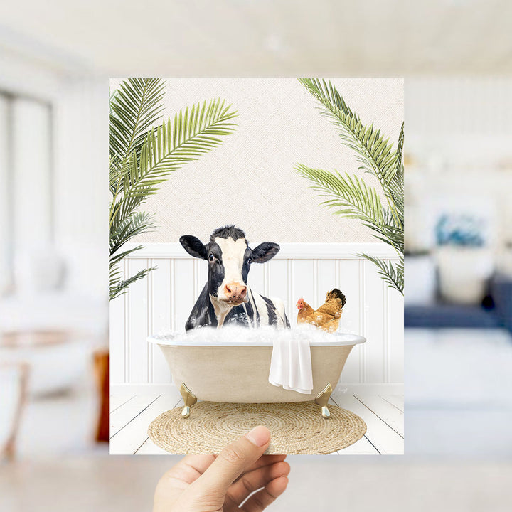 A cow and a chicken are enjoying a relaxing bath in a white bathtub, surrounded by lush green plants.