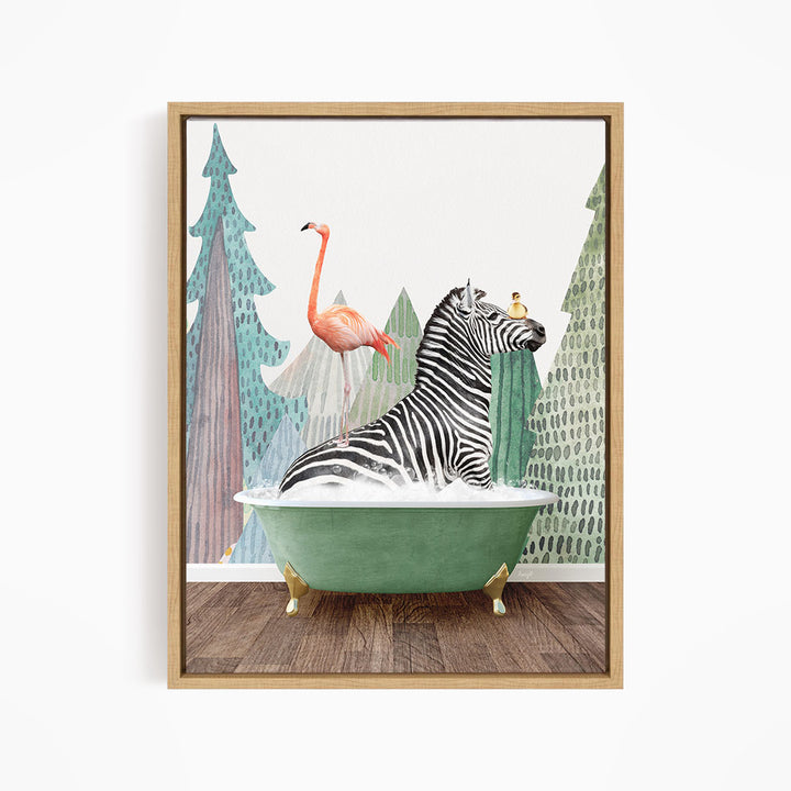 A zebra is sitting in a green bathtub, surrounded by a pink flamingo and a green tree, creating a whimsical and playful scene.