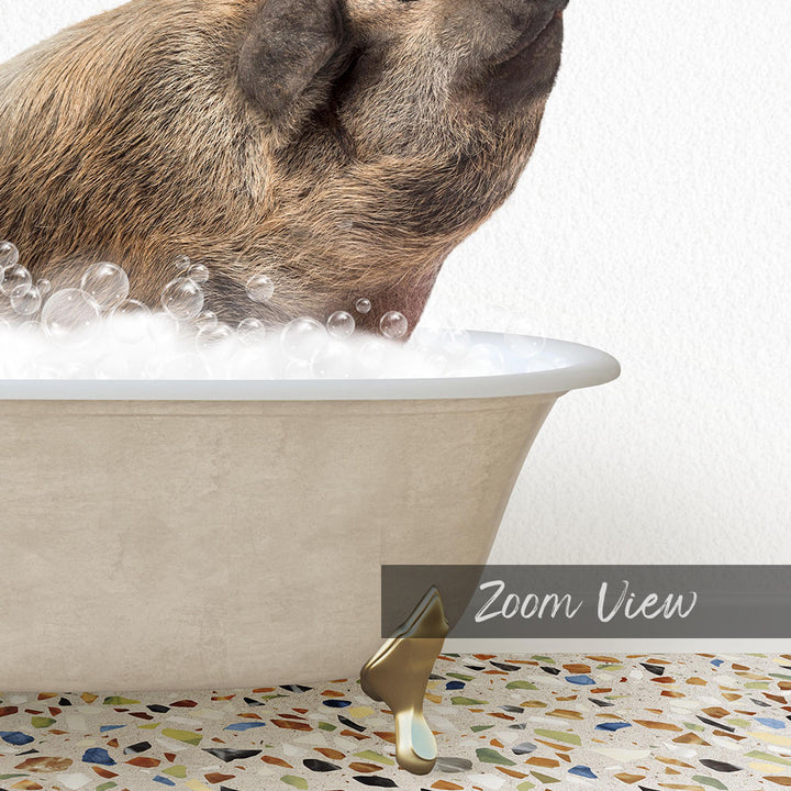 A pig is standing in a bathtub filled with bubbles, enjoying a bath.