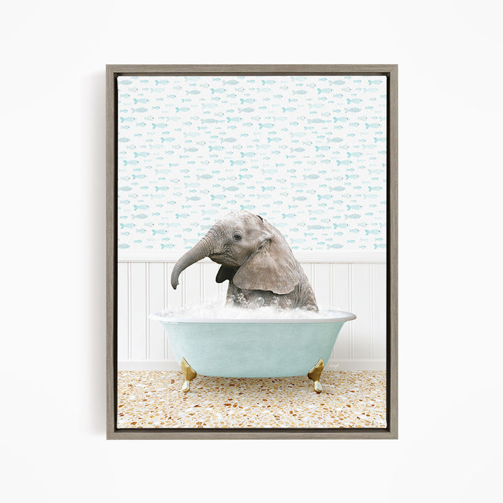 A baby elephant sitting in a bathtub filled with water, surrounded by a pattern of fish.