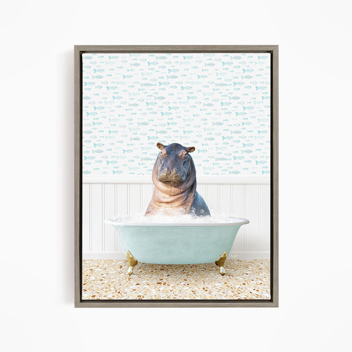 A hippopotamus sitting in a bathtub filled with water, surrounded by a pattern of fish.