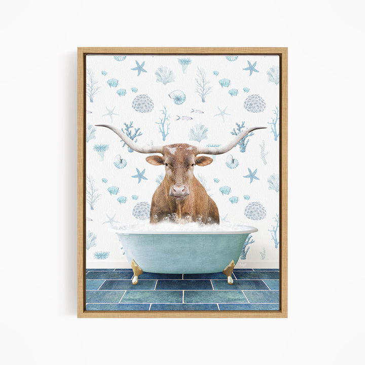 A brown bull with large horns is sitting in a blue bathtub filled with water, surrounded by a pattern of blue and white seashells and starfish.