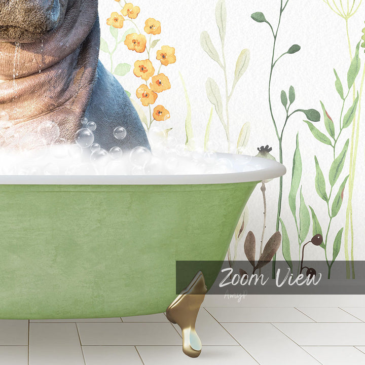 A green bathtub filled with bubbles, surrounded by a floral wallpaper and a plant.