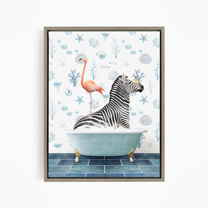 A zebra is sitting in a bathtub filled with water, with a flamingo standing on its back. The background features a pattern of blue and white seashells and starfish.