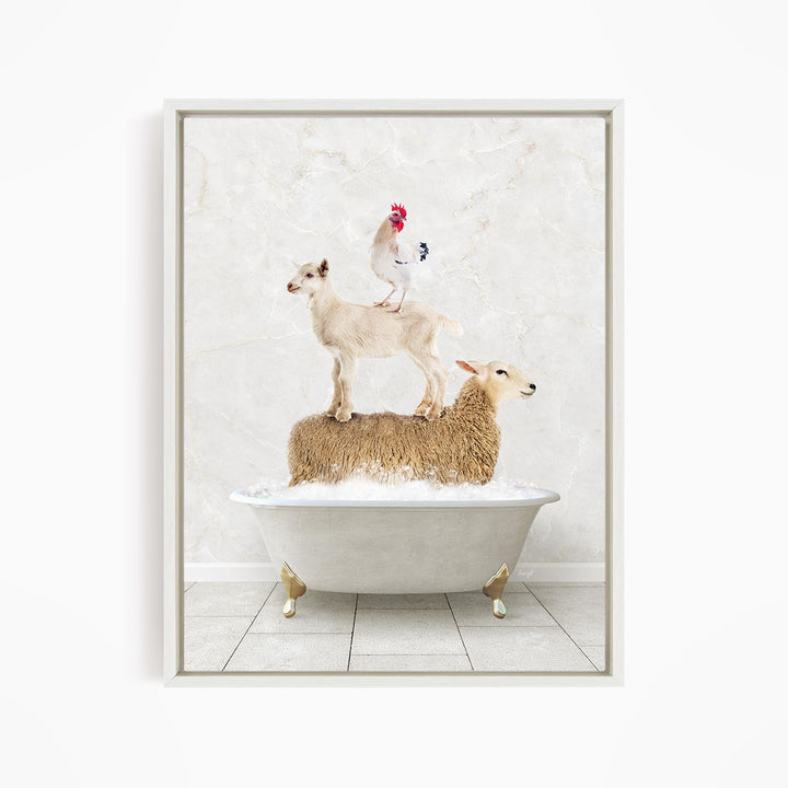A framed image depicting a sheep standing on a goat's back while a chicken stands on top of a sheep in a bathtub.