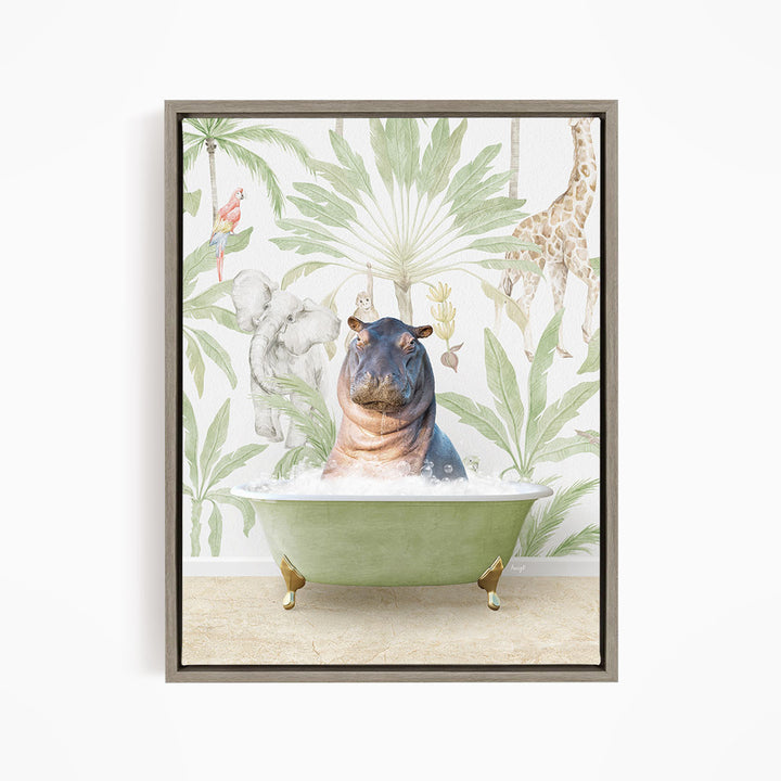 A hippopotamus sitting in a green bathtub surrounded by tropical plants and animals, including a giraffe and a parrot, against a white background.