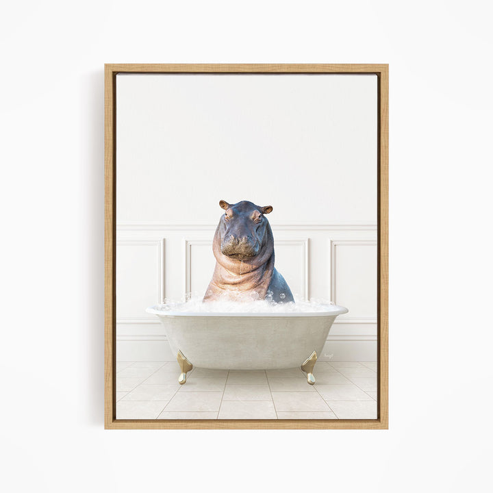 A hippopotamus sitting in a bathtub filled with water, creating a whimsical and playful scene.