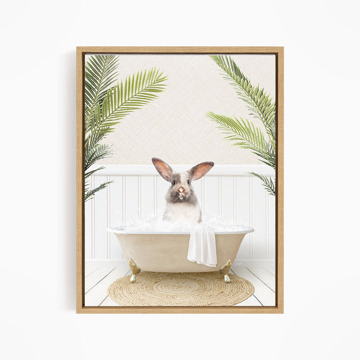 A rabbit sitting in a bathtub filled with water, surrounded by palm leaves, creating a whimsical and relaxing scene.