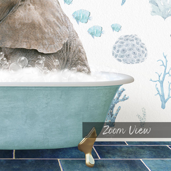A large elephant is sitting in a bathtub filled with bubbles, surrounded by a blue and white underwater scene with fish and coral.