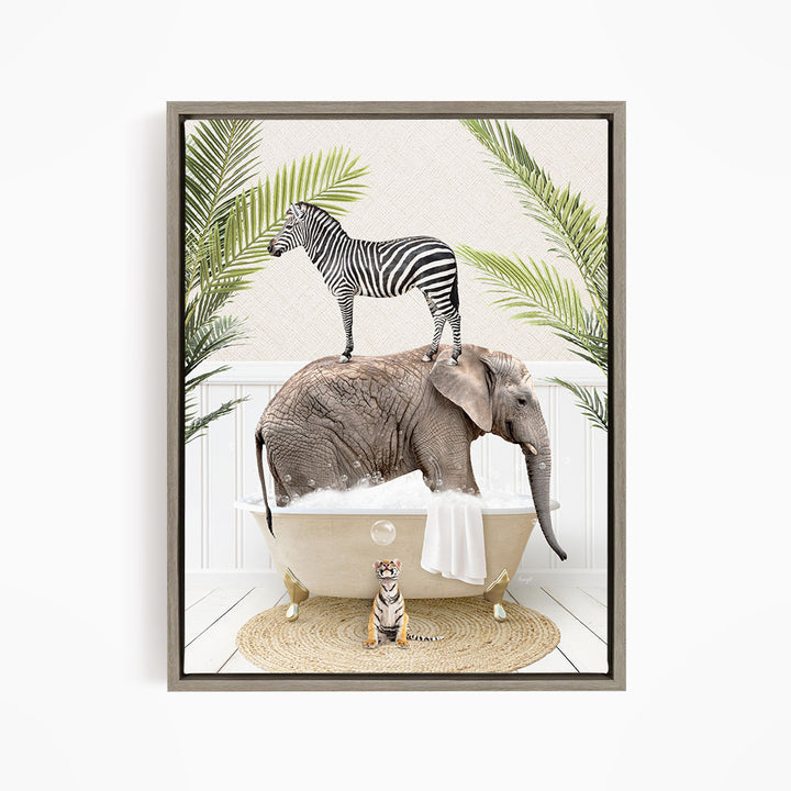 A zebra stands on the back of an elephant, which is sitting in a bathtub, with a tiger sitting nearby.