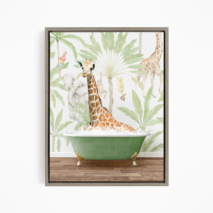 A giraffe sitting in a green bathtub surrounded by tropical foliage, including palm trees and other animals.