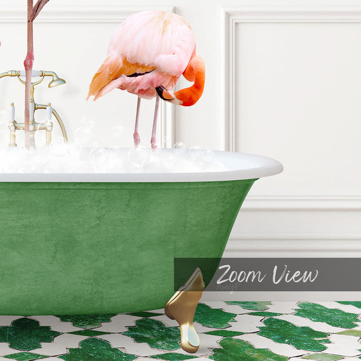 A pink flamingo standing in a green bathtub filled with bubbles, with a white wall and a decorative tile pattern in the background.