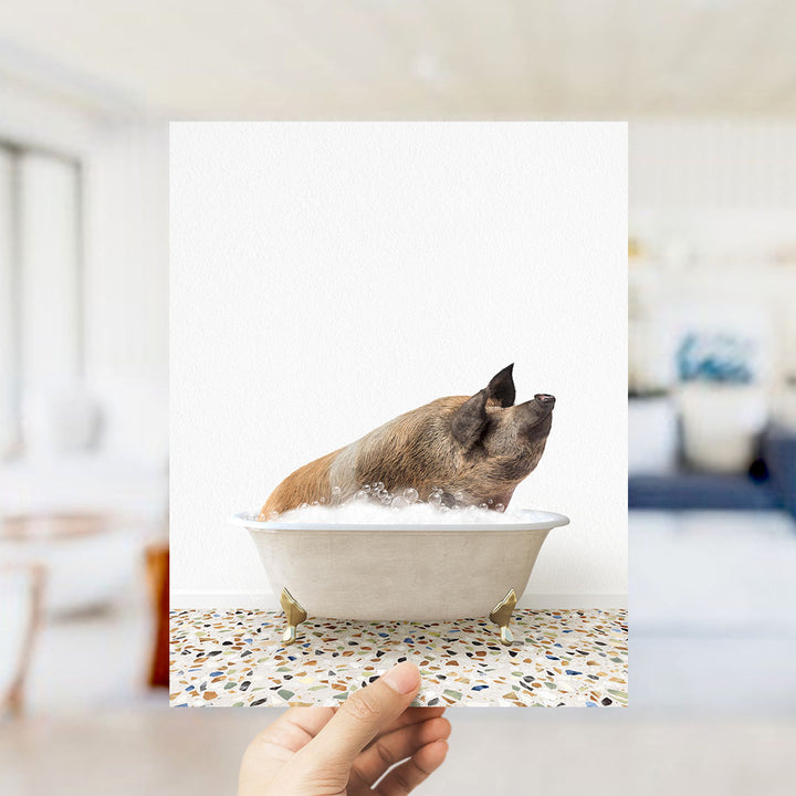 A hand holds up a framed photograph of a pig sitting in a bathtub filled with water, with a blurred background suggesting a bathroom setting.