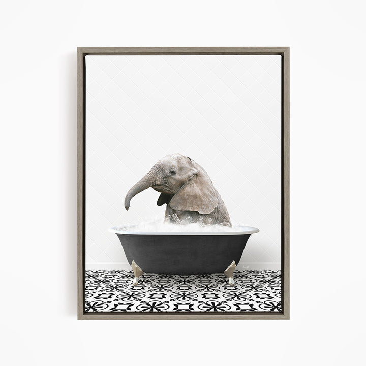 A baby elephant sitting in a bathtub filled with water, surrounded by a black and white patterned tile floor.