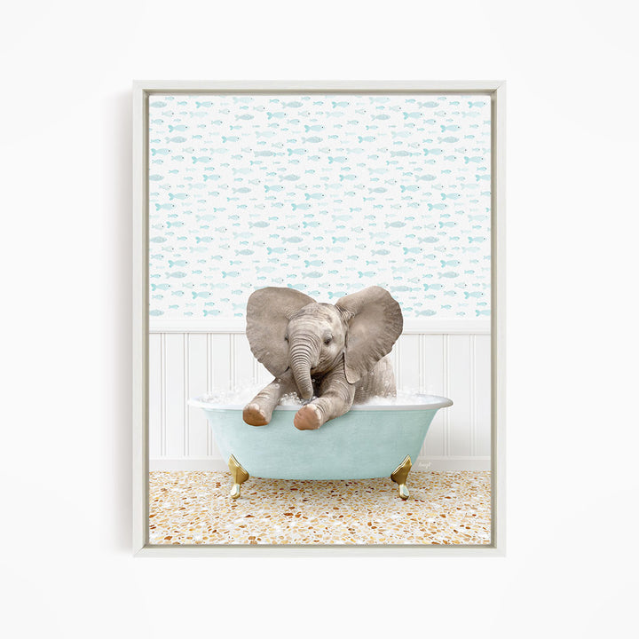 A baby elephant sitting in a bathtub filled with water, surrounded by a pattern of fish.