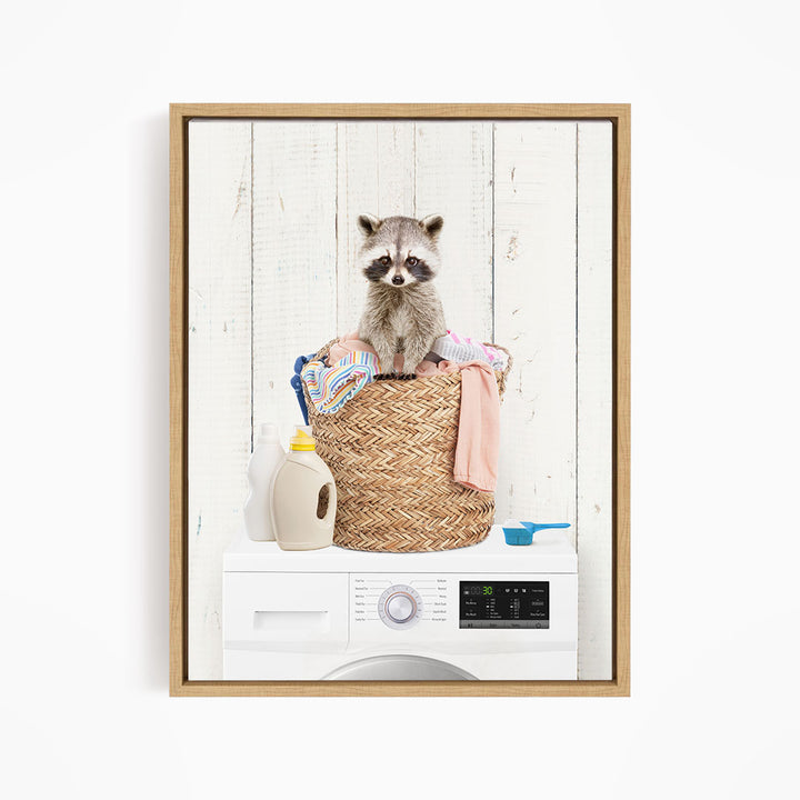 A raccoon sitting in a woven laundry basket on top of a washing machine.