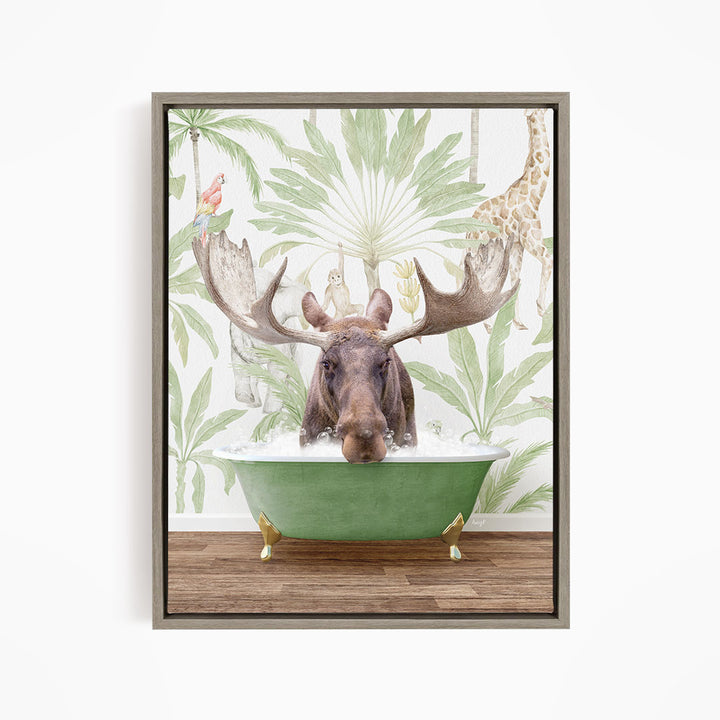 A moose is sitting in a green bathtub, surrounded by tropical plants and animals, including a giraffe and a parrot.