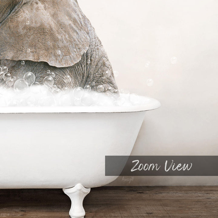 A close-up of an elephant standing in a bathtub filled with bubbles, with the text "Zoom View" overlaid on the image.