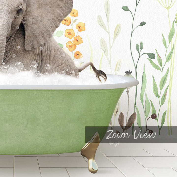 A large elephant is taking a bath in a green bathtub, surrounded by flowers and plants, creating a whimsical and serene scene.