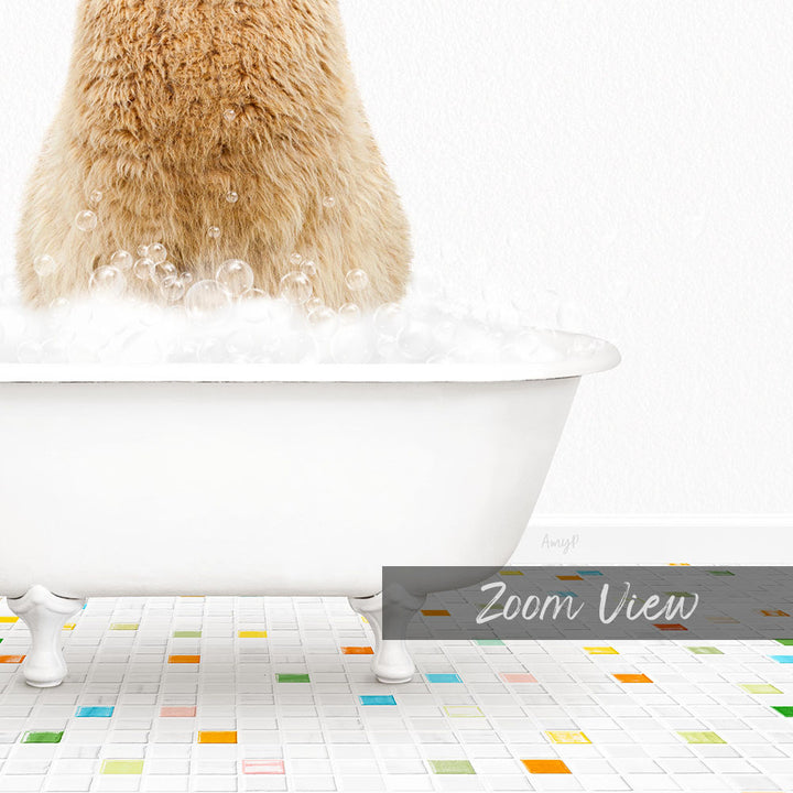 A fluffy brown cat sitting in a white bathtub filled with bubbles, with a colorful tiled floor in the foreground.