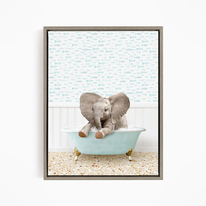 A baby elephant sitting in a bathtub filled with water, surrounded by a pattern of fish.