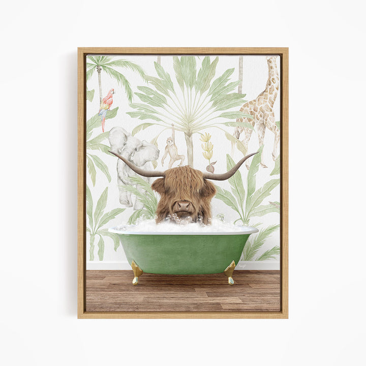A framed illustration depicting a cow with long horns sitting in a green bathtub, surrounded by tropical foliage and animals.