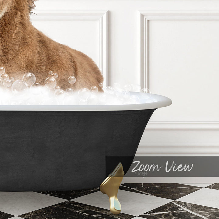 A brown dog is sitting in a bathtub filled with bubbles, enjoying a relaxing bath.