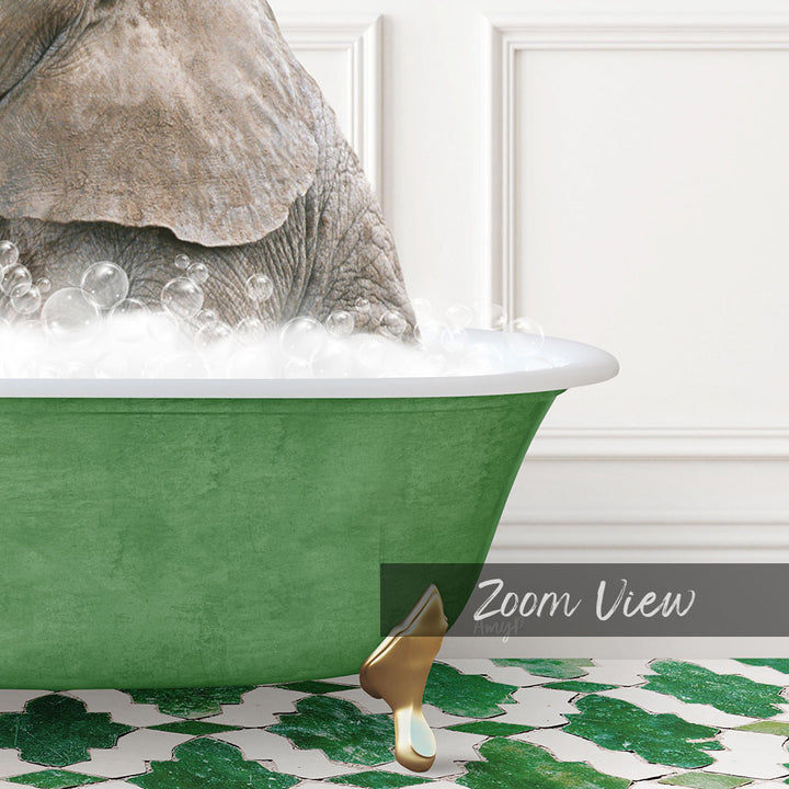 A green bathtub filled with bubbles, with a large elephant partially submerged in the water.