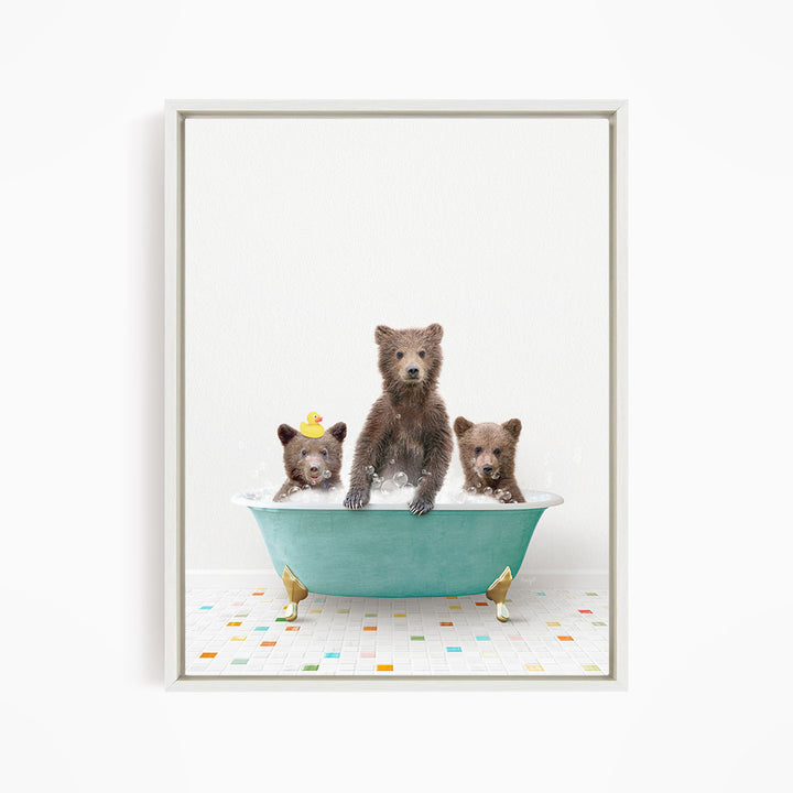 A framed image depicting three bears sitting in a bathtub filled with water, with one bear sitting in the center and two bears sitting on either side.