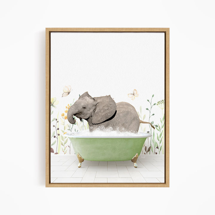 A gray elephant is sitting in a green bathtub filled with water, surrounded by flowers and butterflies.