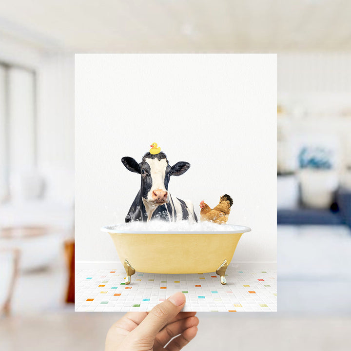 A cow and a chicken are sitting in a yellow bathtub filled with water, with a yellow rubber duck floating on top.