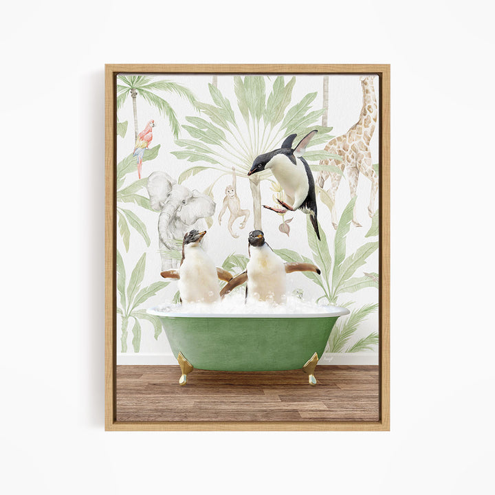 A framed illustration depicting two penguins sitting in a green bathtub, surrounded by a tropical jungle scene with various animals, including a giraffe, parrot, and elephant.