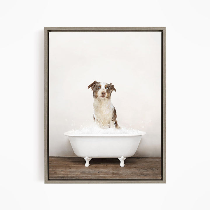 A dog sitting in a white bathtub filled with water, looking directly at the camera.