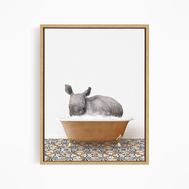 A rhinoceros is sitting in a bathtub filled with water, surrounded by a patterned tile floor.