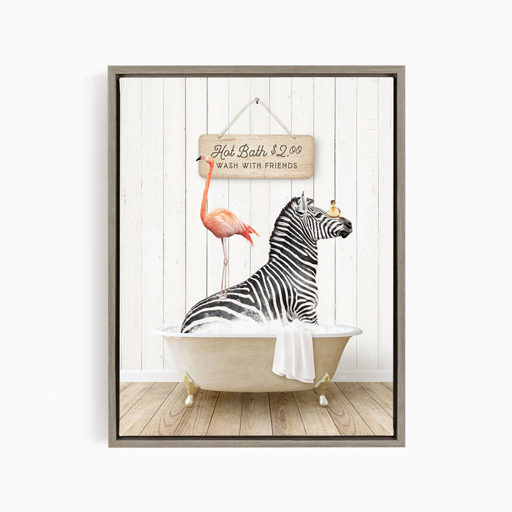 A framed image depicting a zebra sitting in a bathtub, with a pink flamingo standing on its back and a sign above the bathtub that reads "Hot Bath $2.00 Wash with Friends".
