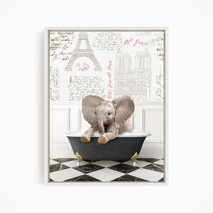 A small elephant is sitting in a bathtub filled with water, surrounded by various architectural drawings and text, including the Eiffel Tower and Paris.